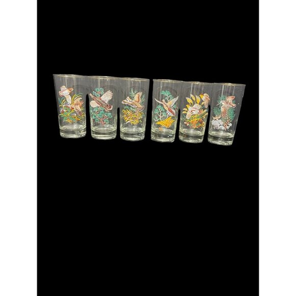 Mid Century West Virginia Glass Game Bird Highball Glasses Gold Rim - 6 - Picture 1 of 4